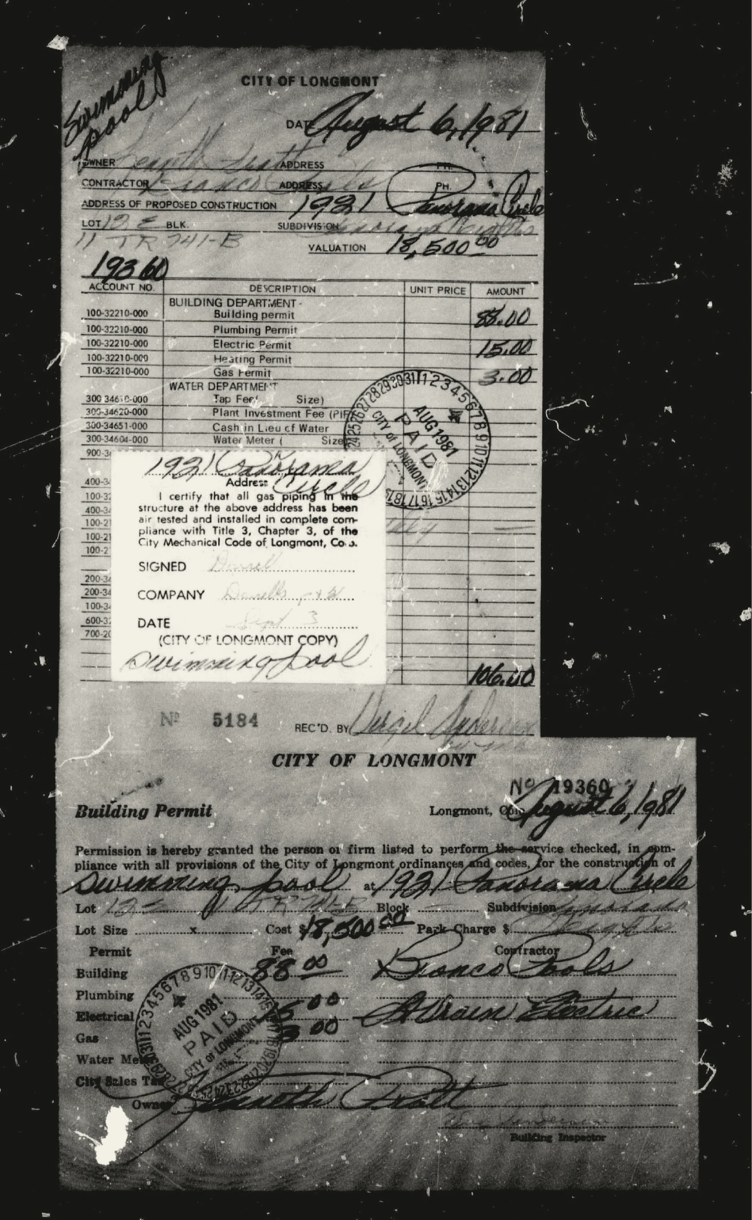 Permit 19369 records the pool before the pavilion existed.