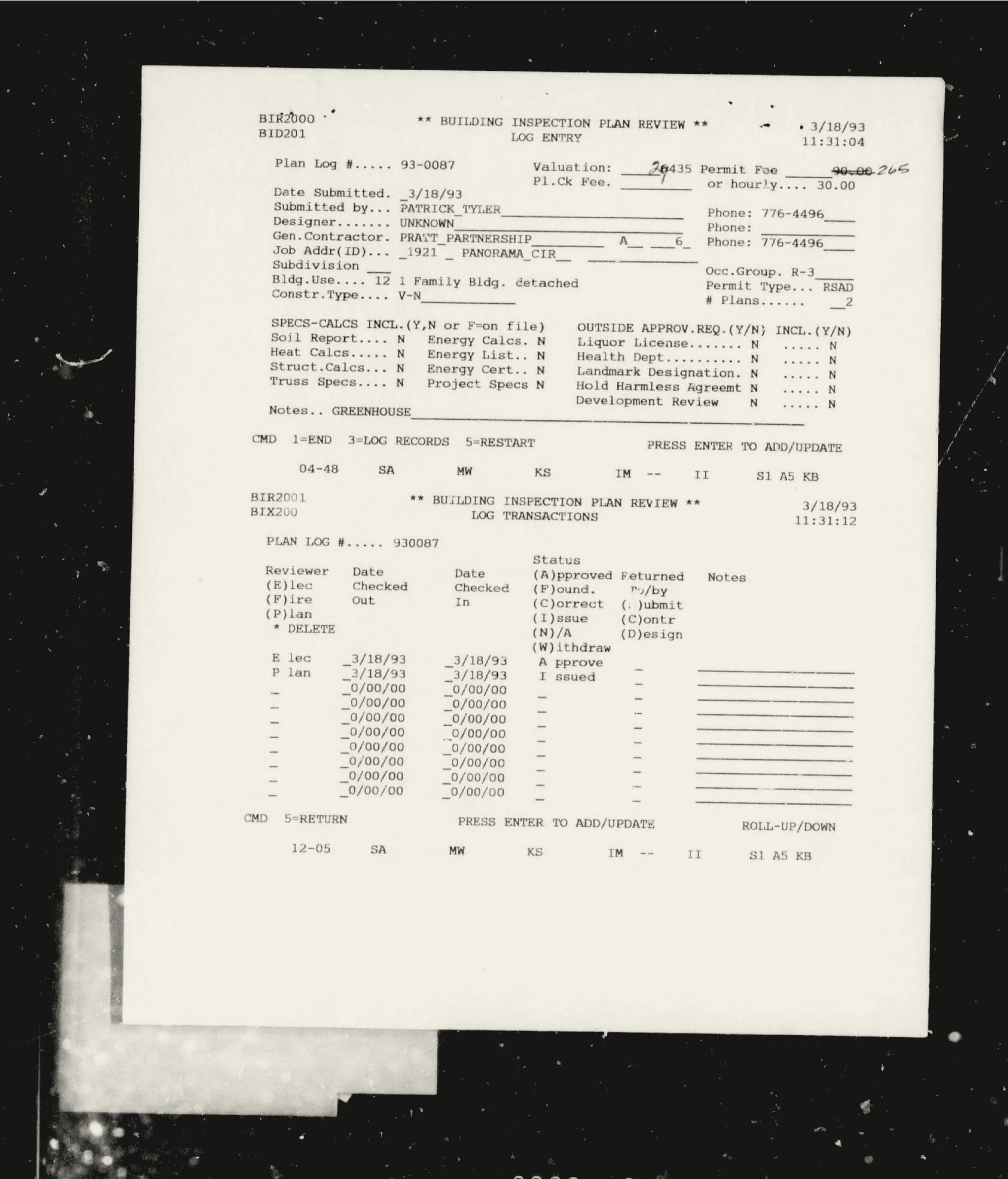 Plan 93-0087 establishes the greenhouse as a 1993 addition.
