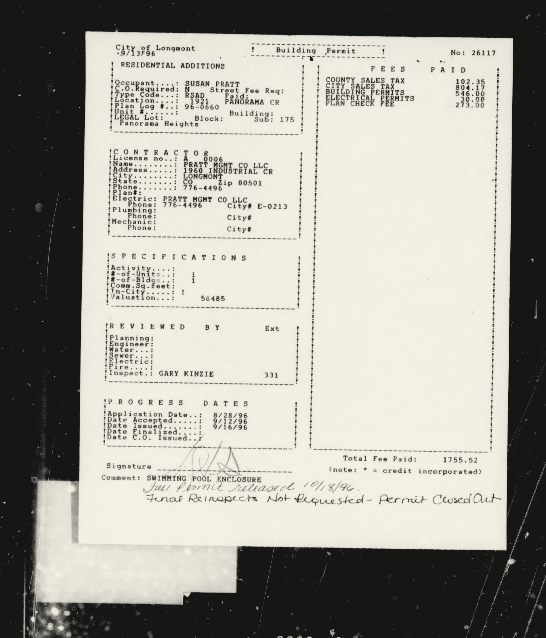 Permit 26117 records a 2,785-square-foot enclosure around the existing pool.
