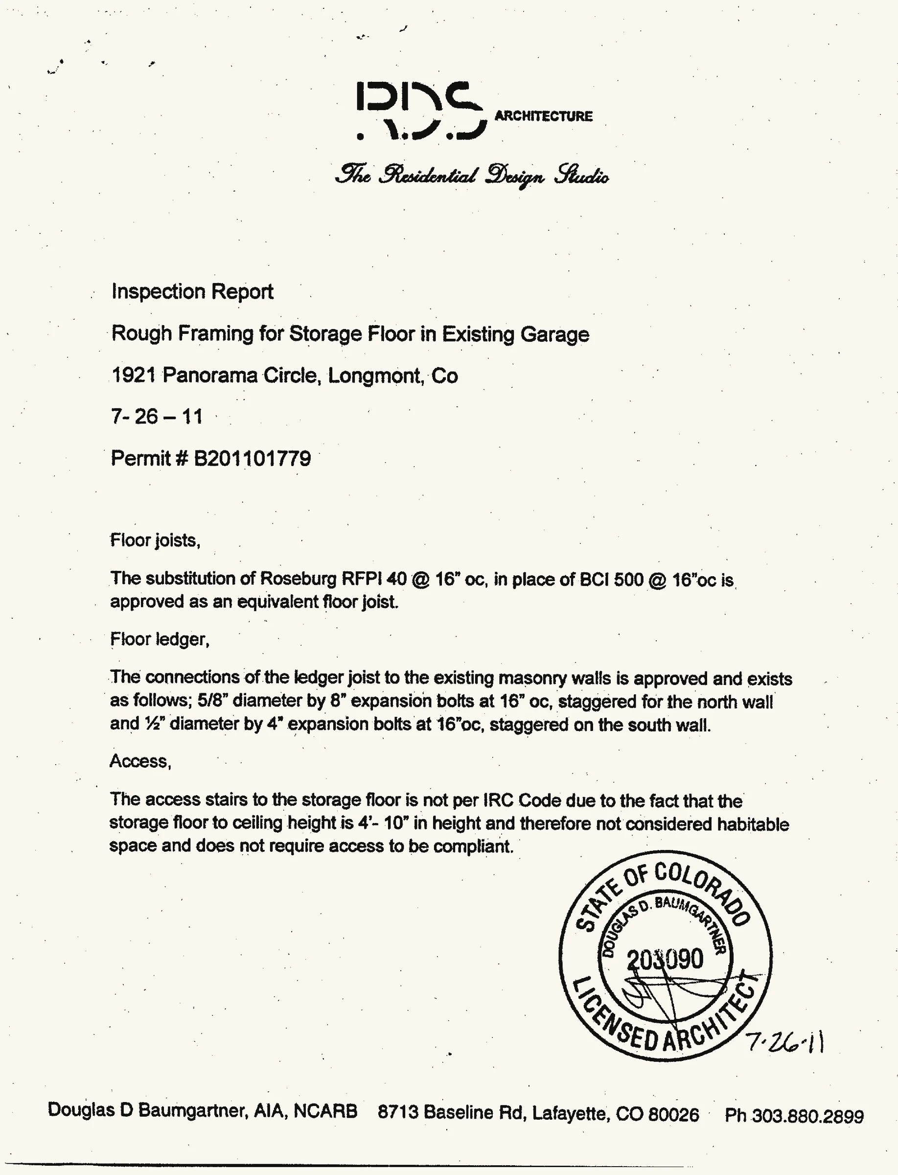 Architect Douglas D. Baumgartner's report for the non-habitable upper storage floor.