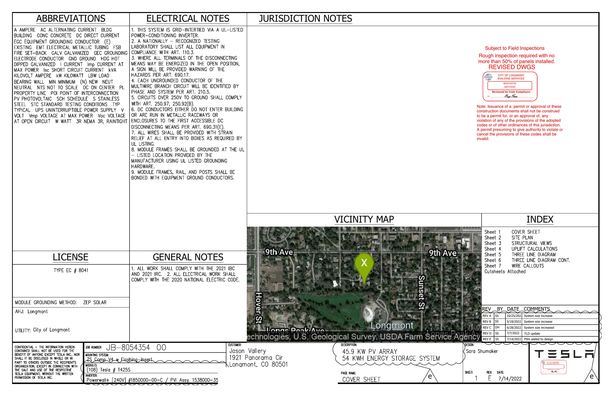Revision E: 45.9 kW PV, 108 Tesla modules and 54 kWh nominal storage.