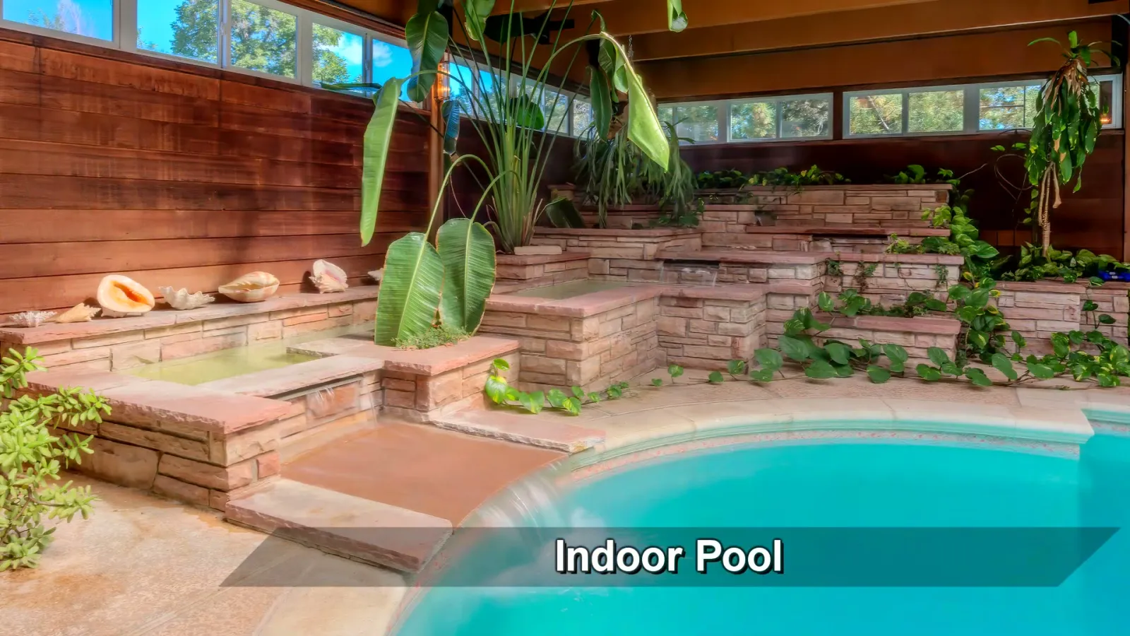 The planted end of the indoor pool pavilion.