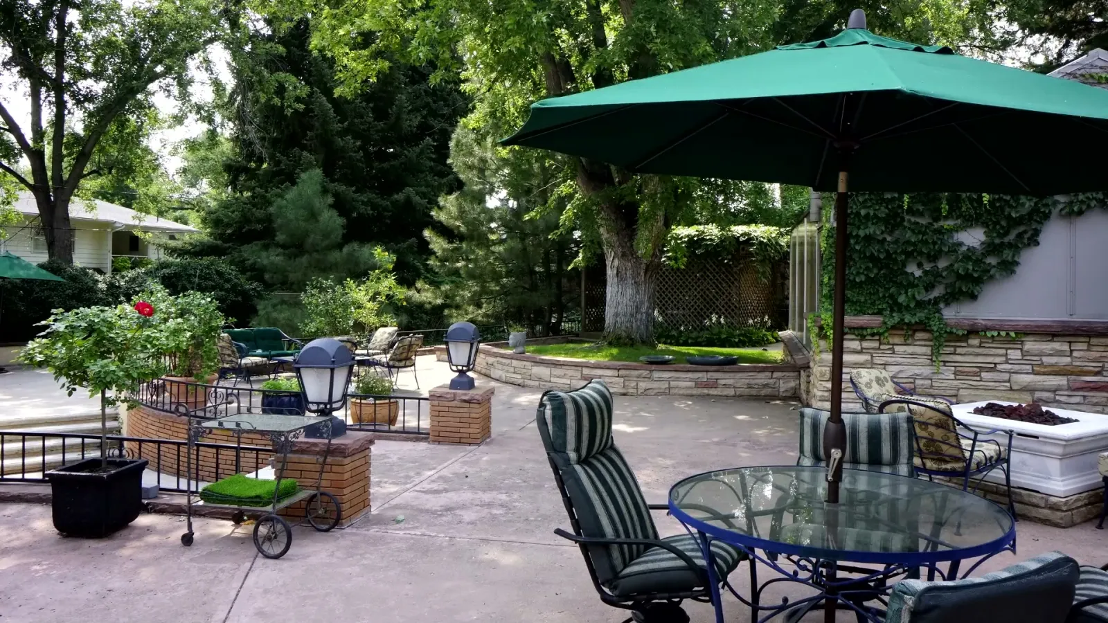 Patio, gazebo, and mature canopy at the southern garden edge.