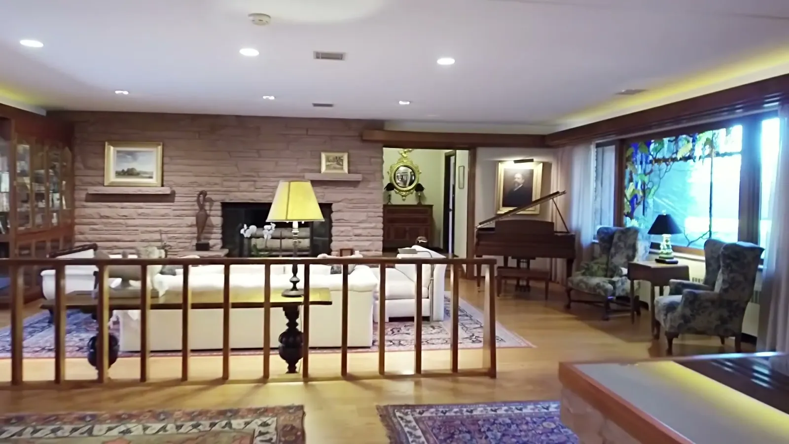 A high interior view back across the main living room.