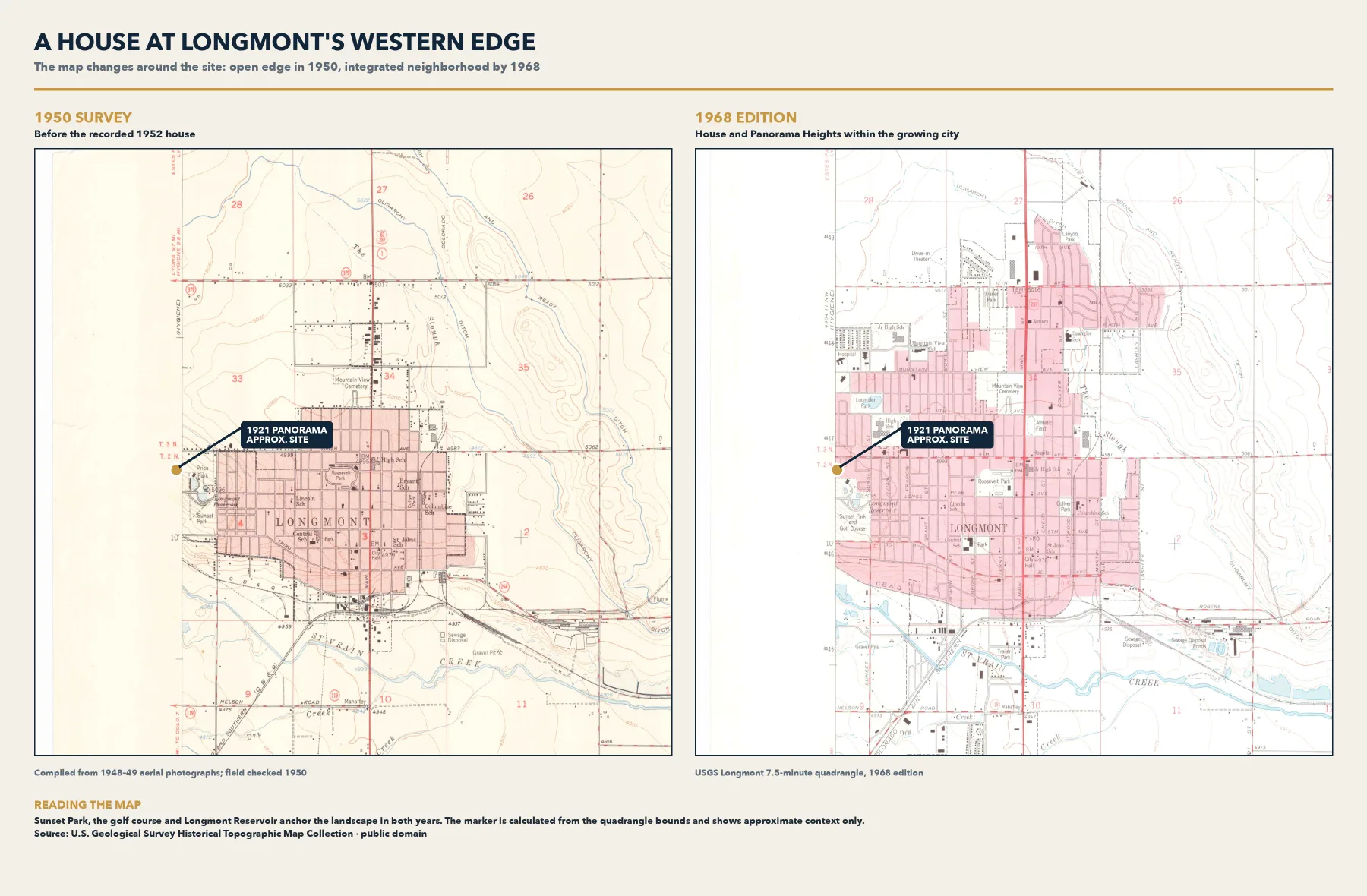 Comparison of the 1950 and 1968 USGS maps showing the house site at Longmont's western edge