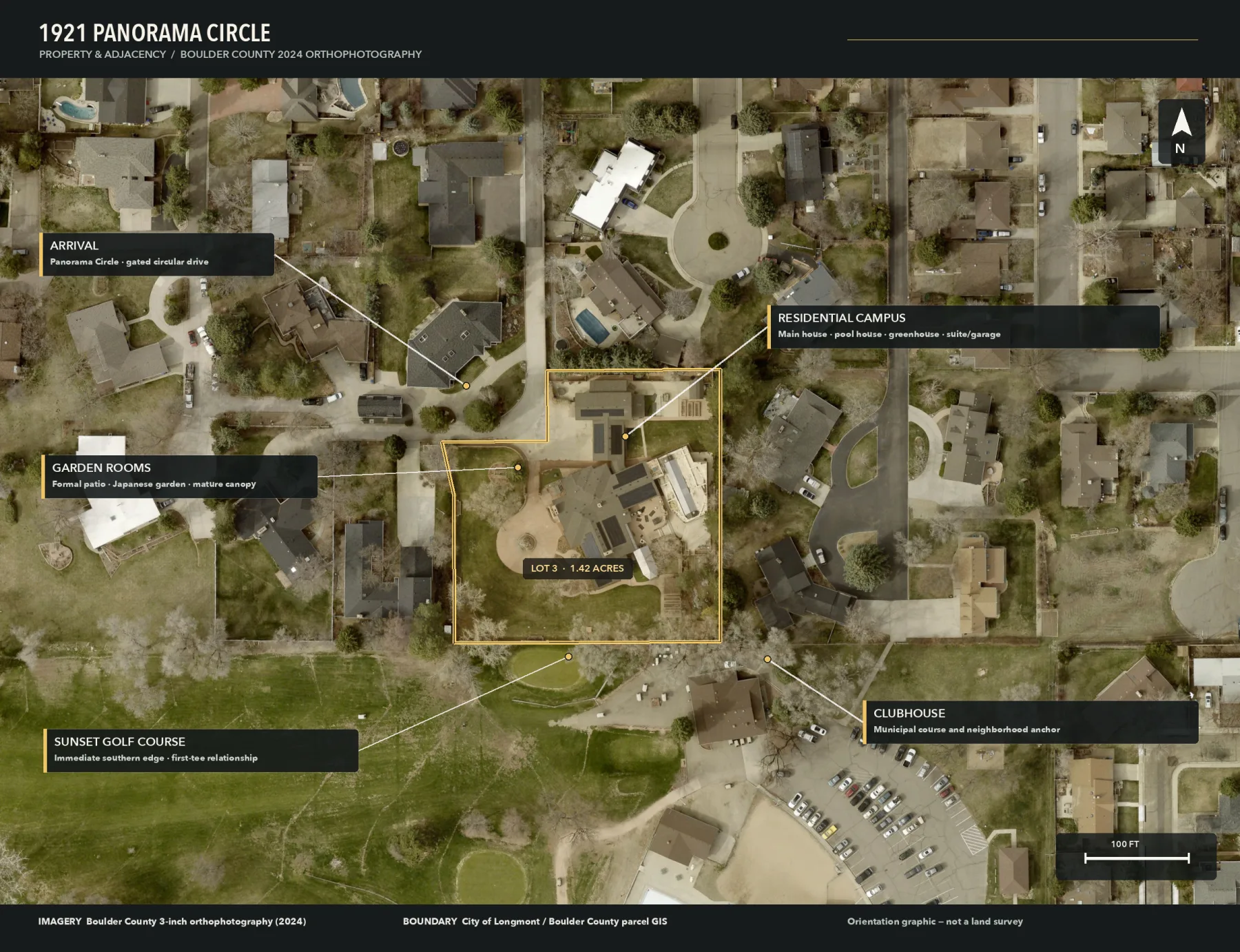 Annotated 2024 aerial view of 1921 Panorama Circle, its garden rooms, Sunset Golf Course, and the surrounding neighborhood